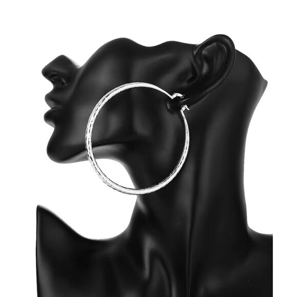 925 sterling silver color Earrings 70MM Shiny Big Wave pattern hoop earrings - Picture 2 of 6